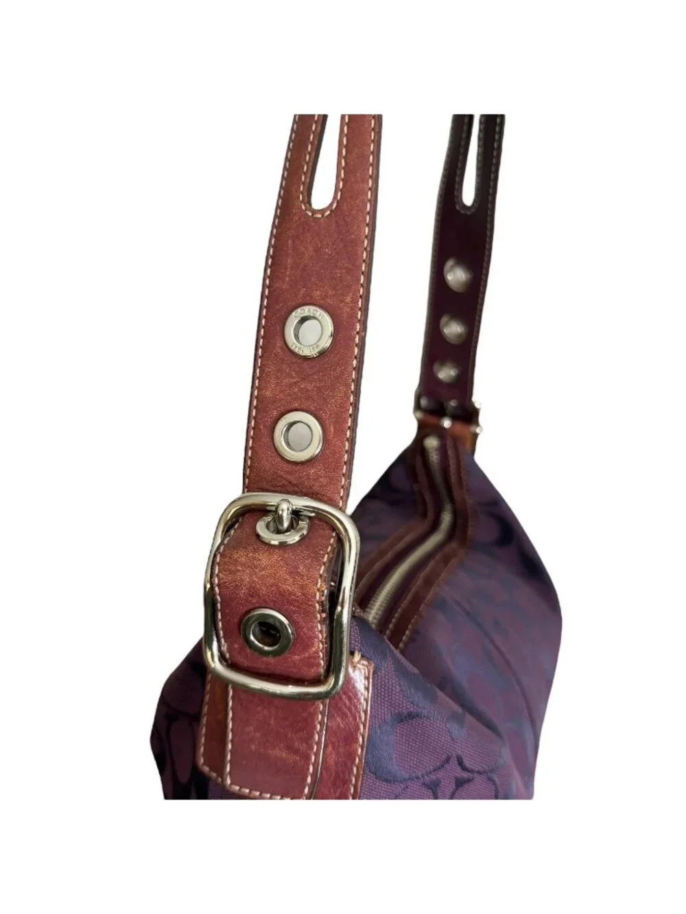 Vintage Y2K Coach 9363 Signature East West Shoulder Bag Tassel Purple Monogram‎